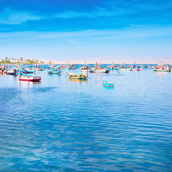 El Chaco pier, Paracas Bay Colorful fishing boats anchored in the calm water of Paracas Bay