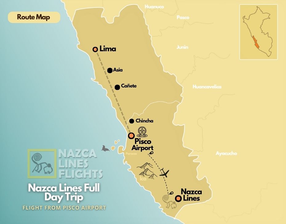 Mapa de la ruta de Excursión de día completo a las Líneas de Nazca Mapa de la ruta de Excursión de día completo a las Líneas de Nazca