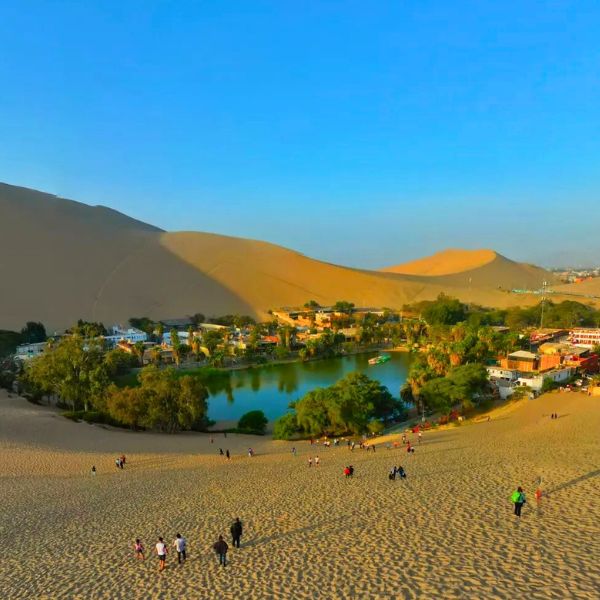 Huacachina lagoon seen from the dunes Huacachina lagoon with palm trees and buildings at the foot of a large sand dune, with visitors walking down the slope