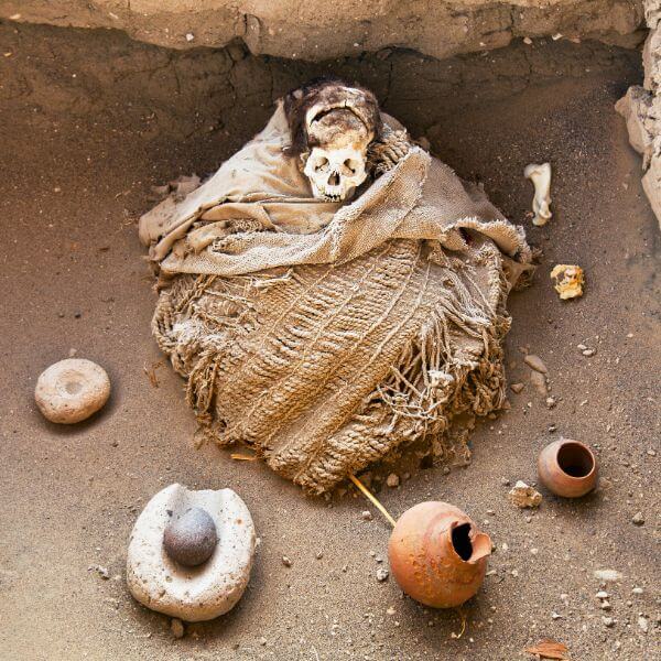Seated mummy wrapped in textile with ceramic offerings