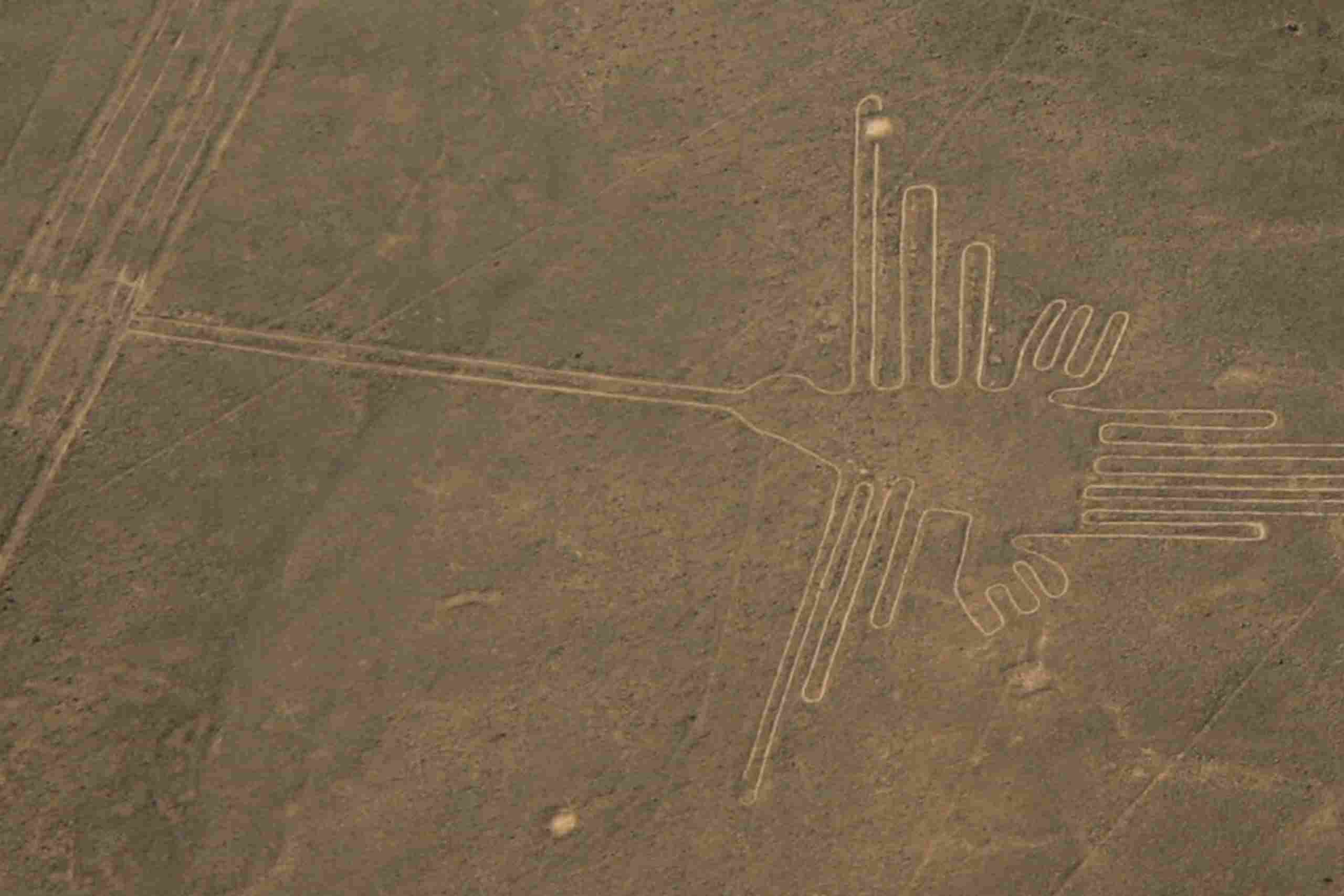 Die Figur des Kolibris aus der Luft über der Wüste von Nazca in weichem Licht